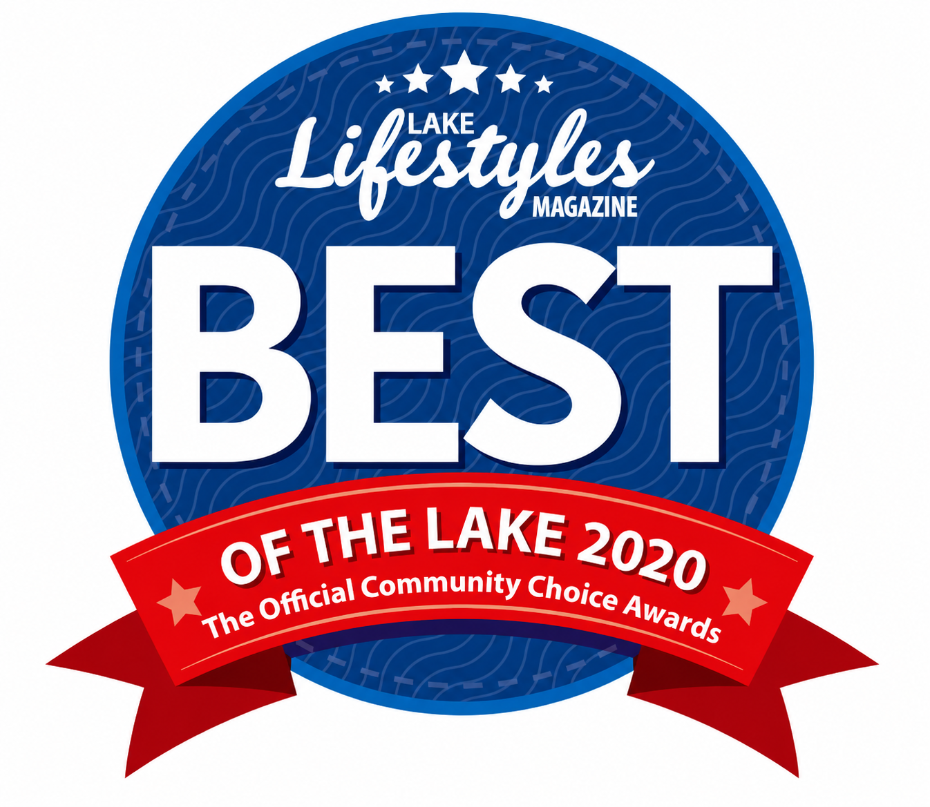 A badge for Lake Lifestyles Magazine announcing the Best of the Lake 2020, with a blue circular background, stars, and a red ribbon that reads 'Of the Lake 2020, The Official Community Choice Awards'.