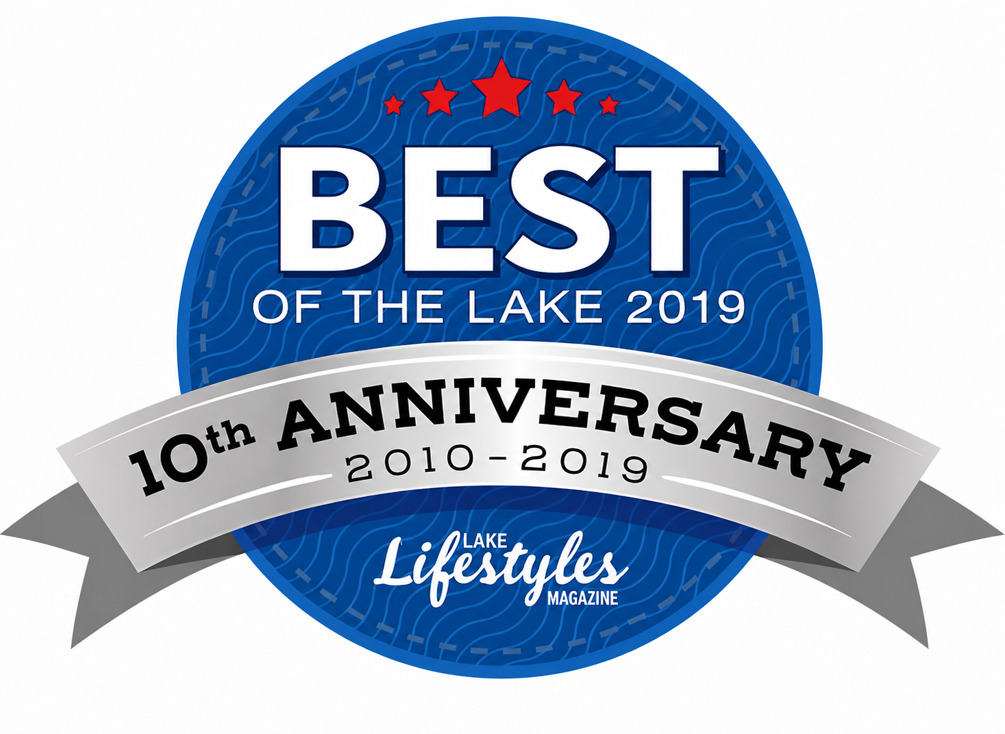 A circular badge celebrating the 10th anniversary of 'Best of the Lake' 2019, sponsored by Lake Lifestyles Magazine, featuring a blue background with topographic lines and red stars, with silver ribbon banners displaying the text.