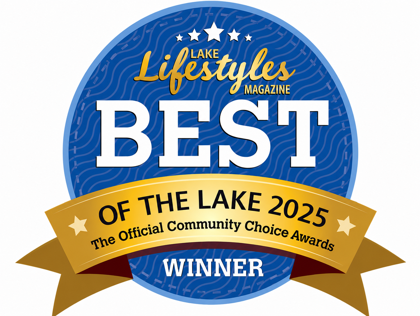 Badge with blue background and gold ribbon stating 'Best of the Lake 2025, The Official Community Choice Awards, Winner' for Lake Lifestyles Magazine.