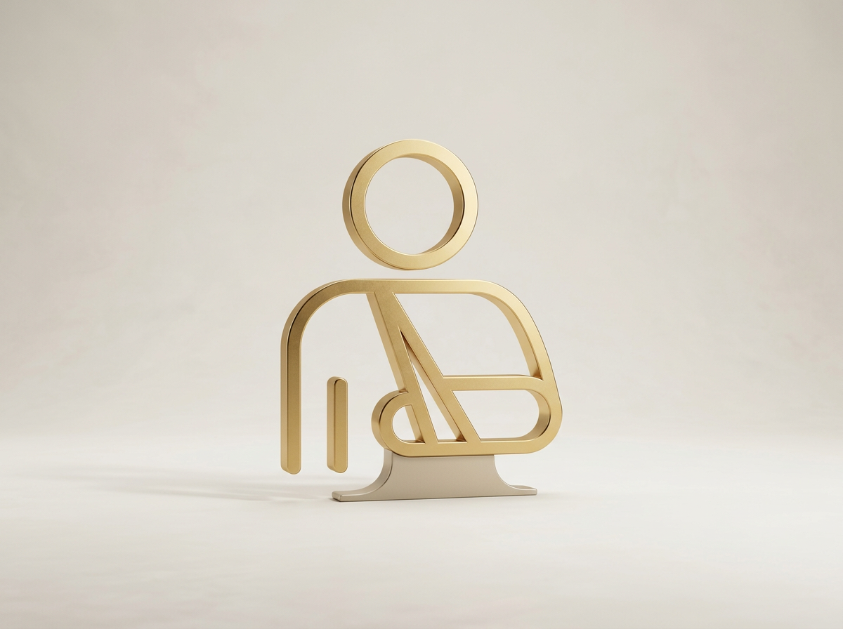 Gold-colored abstract figure of a person with an arm in a cast, standing on a metallic base against a plain background.