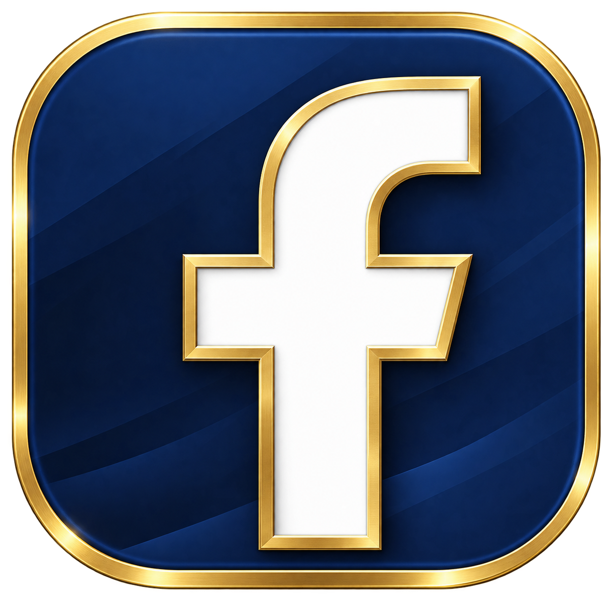 Facebook logo with a blue background and a white lowercase 'f' outlined in gold.