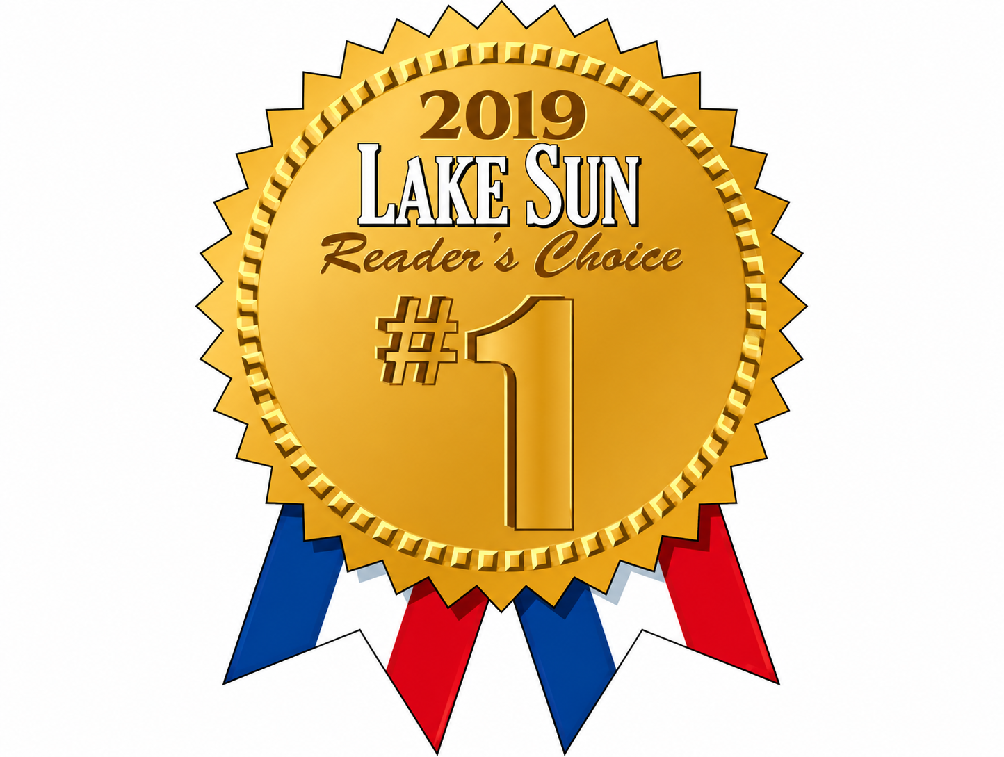 Gold medal award with red, white, and blue ribbons, inscribed with '2019 Lake Sun Reader's Choice #1'.