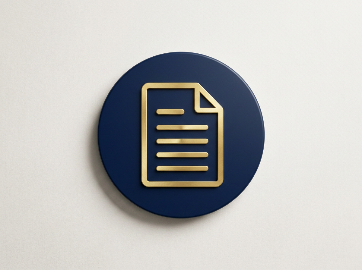 A round wall sign with a gold icon of a document on a dark blue background.