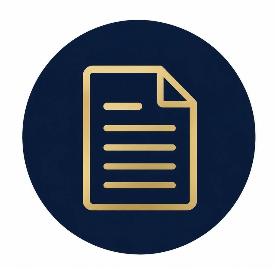Gold outline icon of a document or paper on a dark blue circular background.Law firm