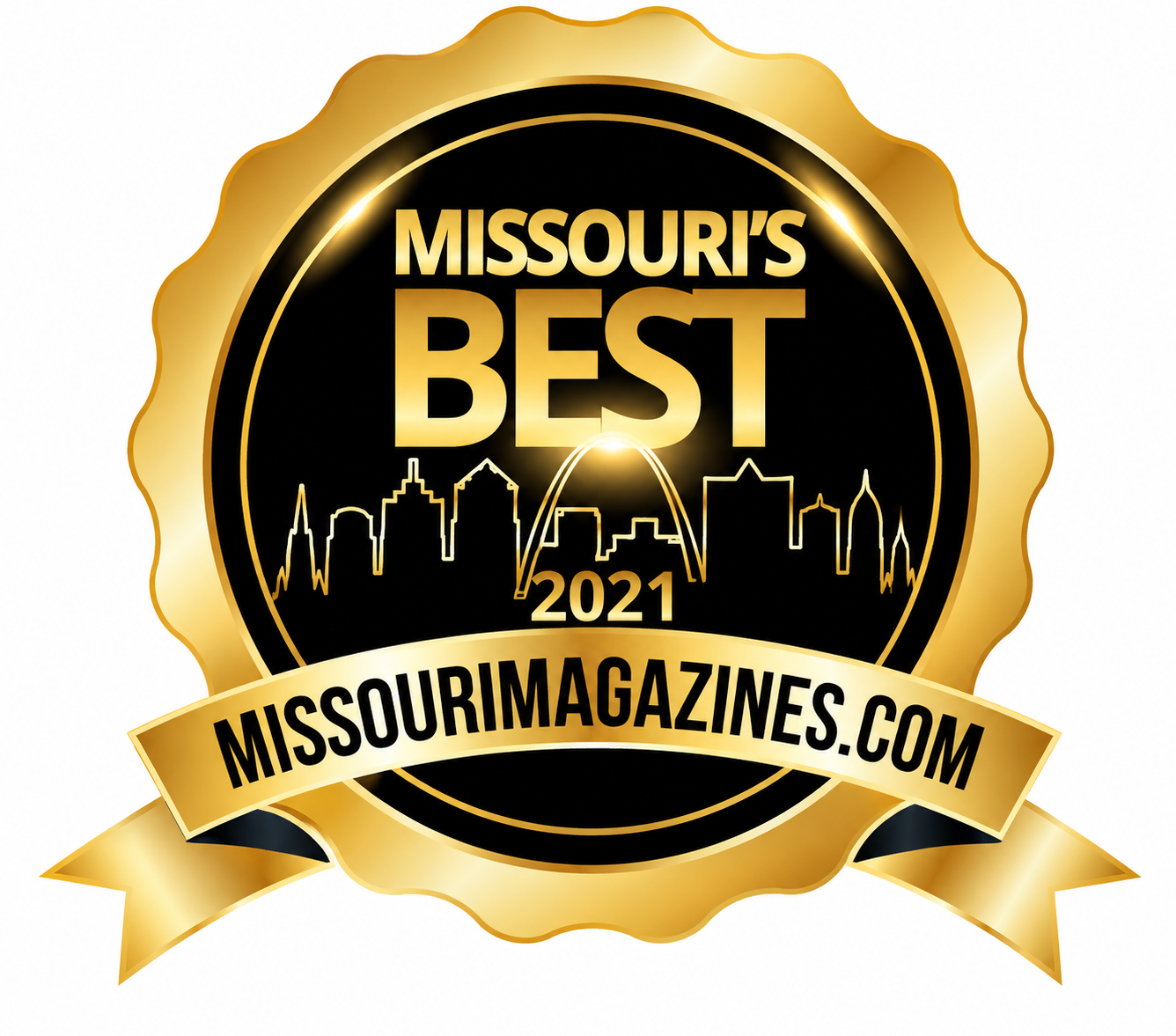 Gold and black badge with a skyline outline of Missouri landmarks, text reading 'Missouri's Best 2021', and a banner with the website missourimagazines.com.