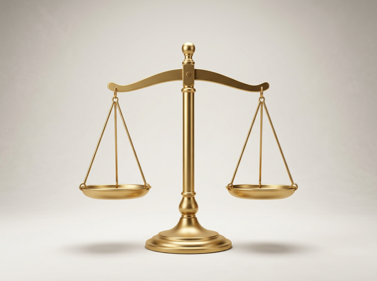 Gold balance scale with empty pans on a plain background.