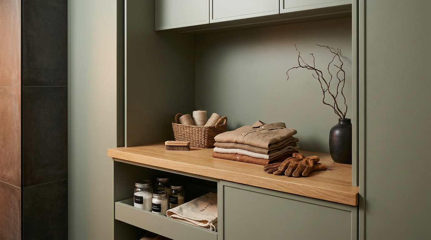 A neatly organized closet with a green built-in shelf and a light wooden surface. Items include folded clothes, a basket with rolls of fabric or paper, gloves, candles in jars, and a decorative dark vase with branches.