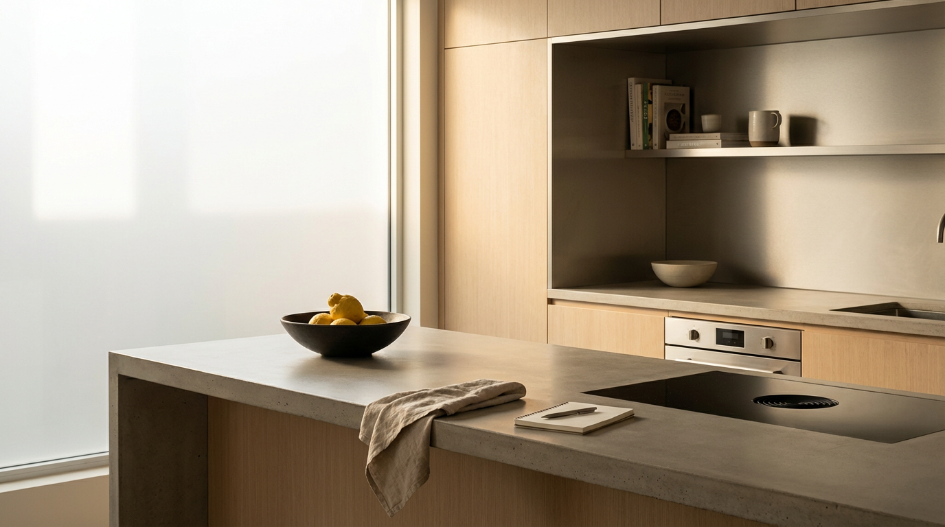 Modern kitchen with a stone countertop island, a bowl of lemons, a notebook and pen, built-in oven, open shelving with books and cups, and a minimalist design with natural light.