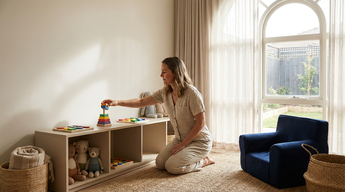 A woman kneeling on a beige carpet near a white shelving unit, playing with colorful stacking toys in a softly lit room with large window and cream curtains.