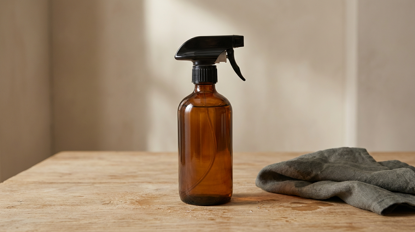 An amber glass spray bottle with a black plastic spray nozzle on a wooden surface, next to a gray cloth.