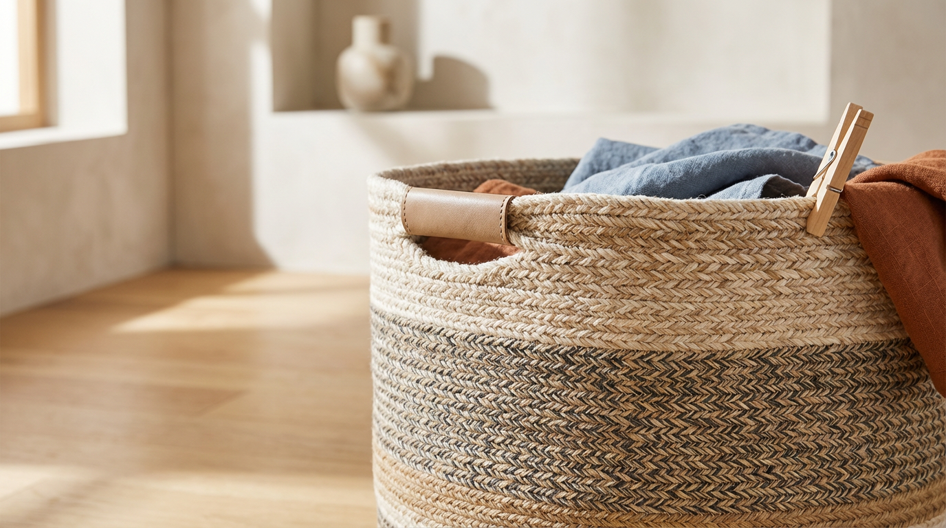 A woven laundry basket filled with clothes sitting on a wooden floor near a window.