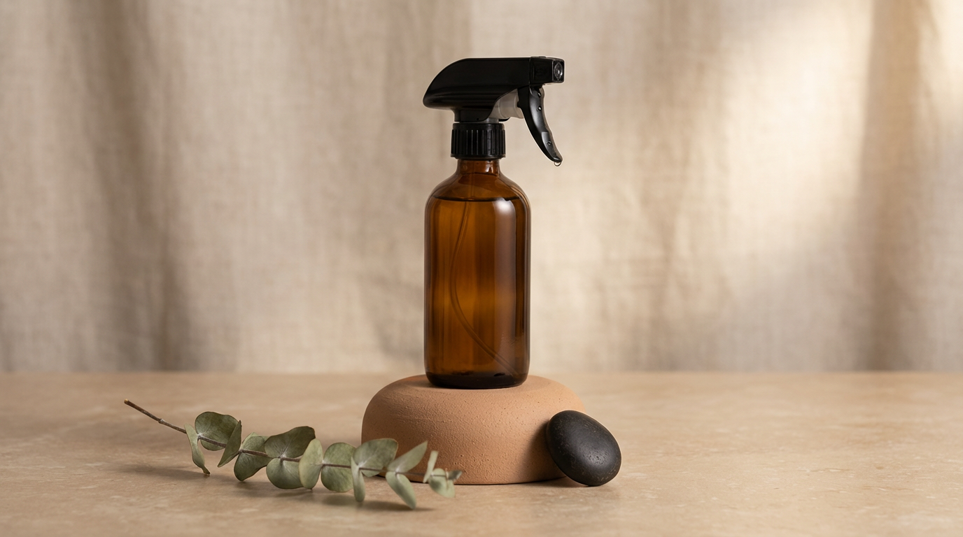 A brown glass spray bottle with a black spray top, placed on a rounded clay base, accompanied by a eucalyptus branch and a black smooth stone, on a light-colored surface with a neutral fabric background.