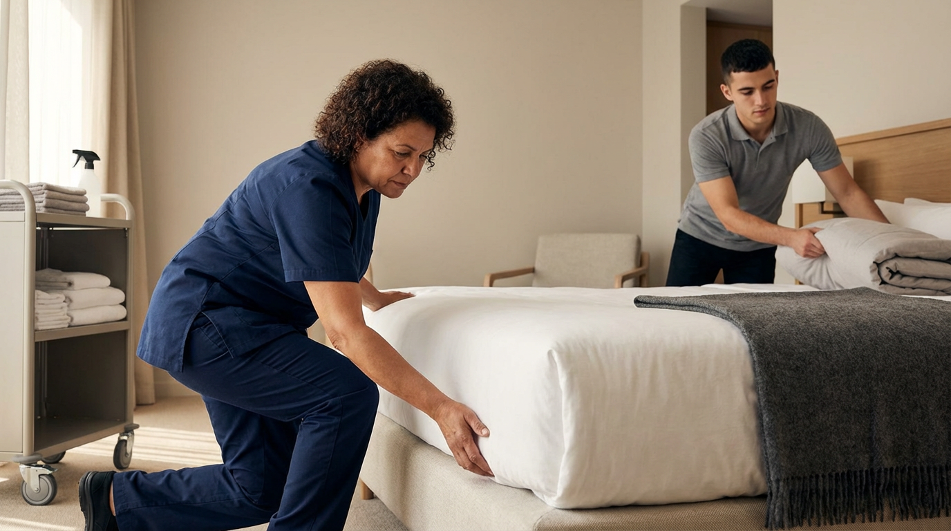 A woman in navy scrubs makes a bed with a young man in a gray shirt helping fold a blanket.