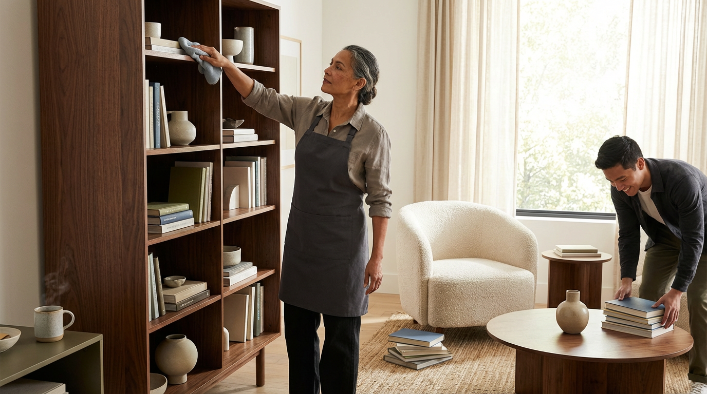 A woman in a gray apron dusts a bookshelf while a man, in a jacket, stacks books on a round wooden coffee table in a well-lit living room.