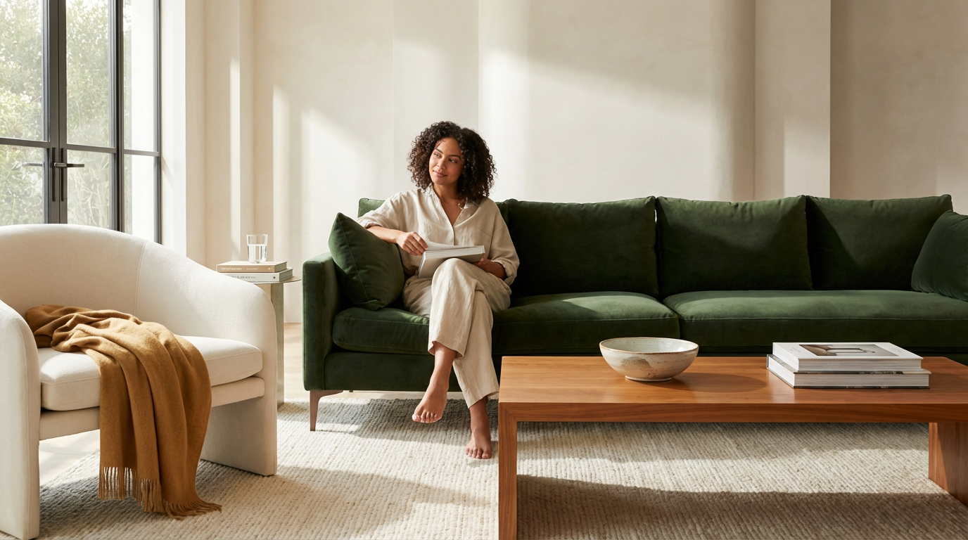 A woman sitting on a green sofa in a well-lit living room, holding a notebook, with a glass of water, books, and a decorative bowl on a wooden coffee table in front of her.
