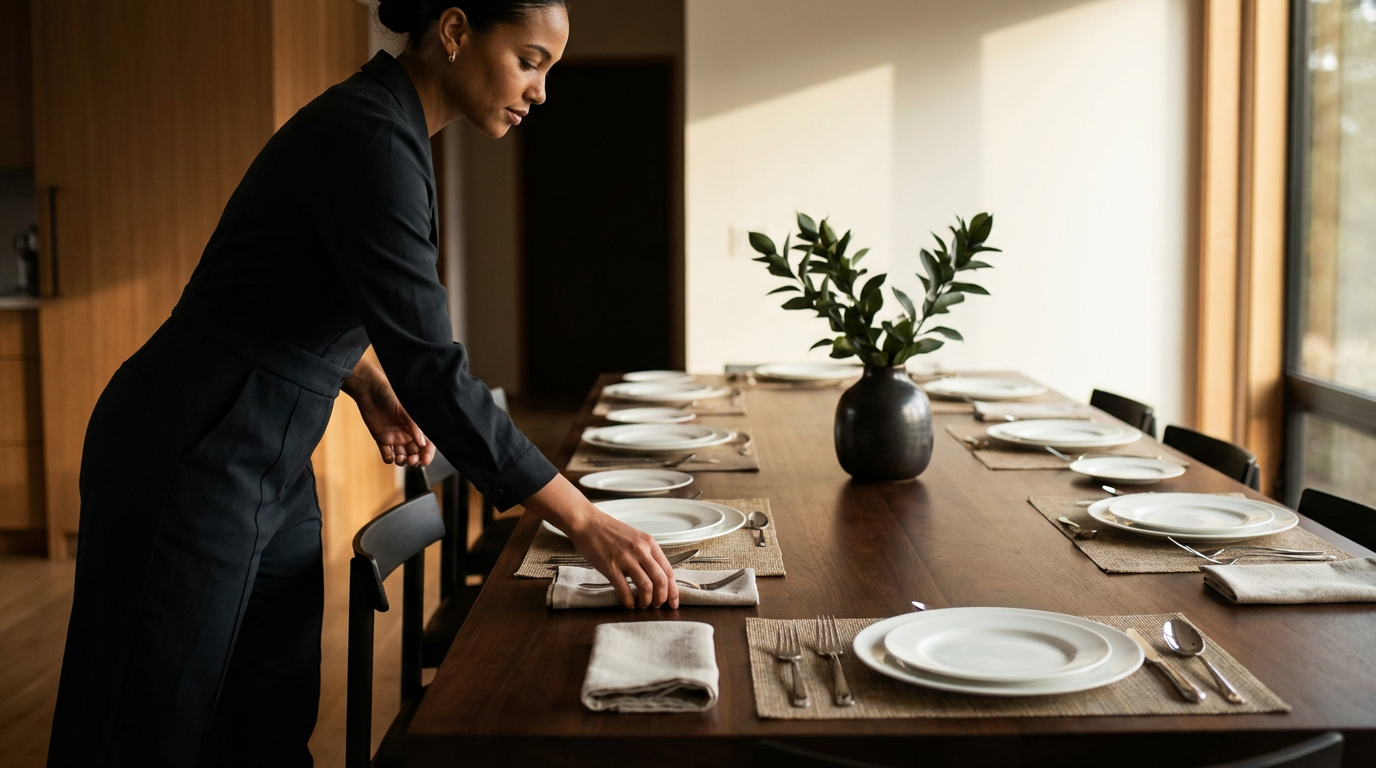 A woman in a black dress setting a dining table with white plates, silverware, and napkins in a well-lit room with a large window and a black vase with green foliage as decoration.