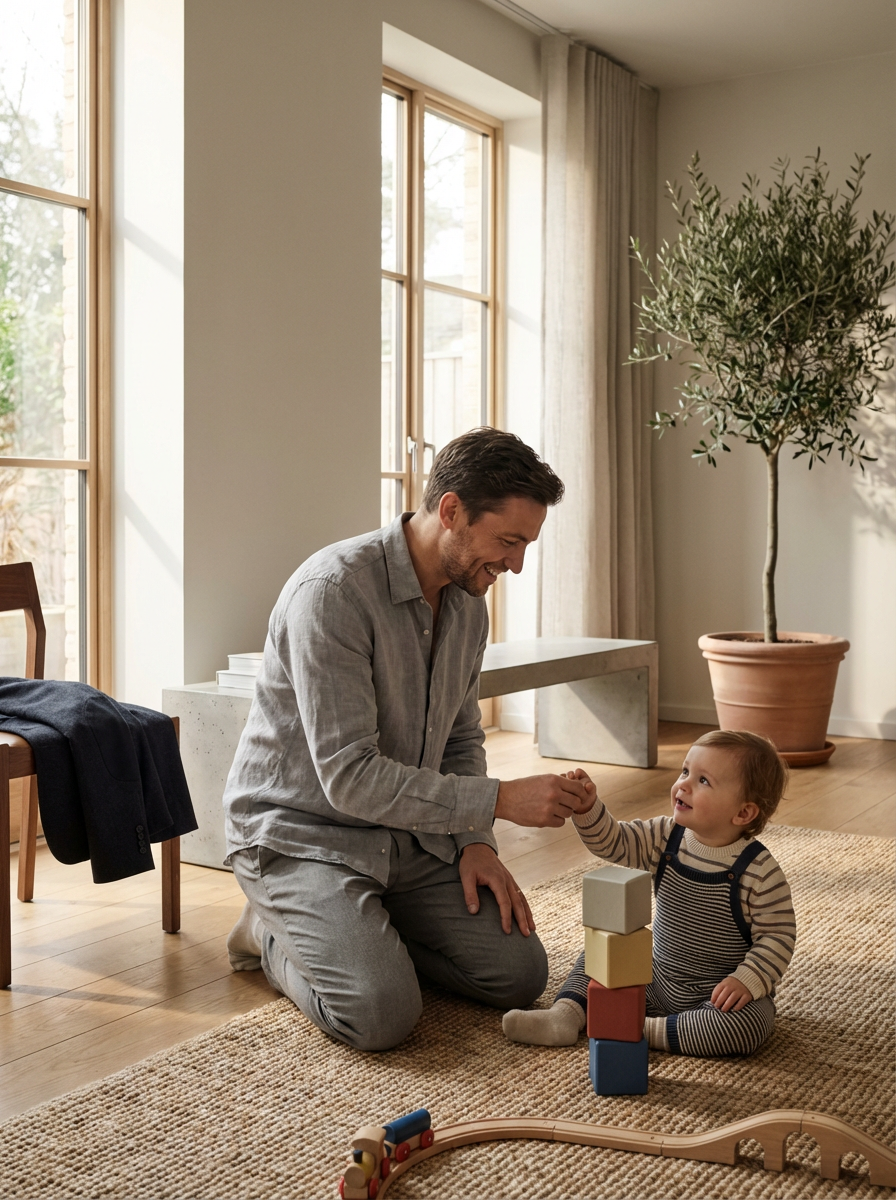 A man and a young child playing together inside a bright room with large windows. The man is kneeling on a woven rug, smiling and holding a block as the child, sitting on the floor, happily reaches out. There are colorful wooden blocks and a toy train on the rug, and a large potted tree in the background.