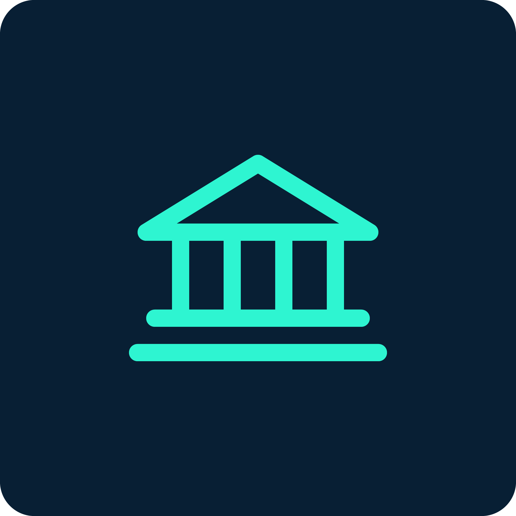 Outline of a classical Greek temple with a triangular pediment and three columns, depicted in a minimalist style with bright cyan color on a dark background.