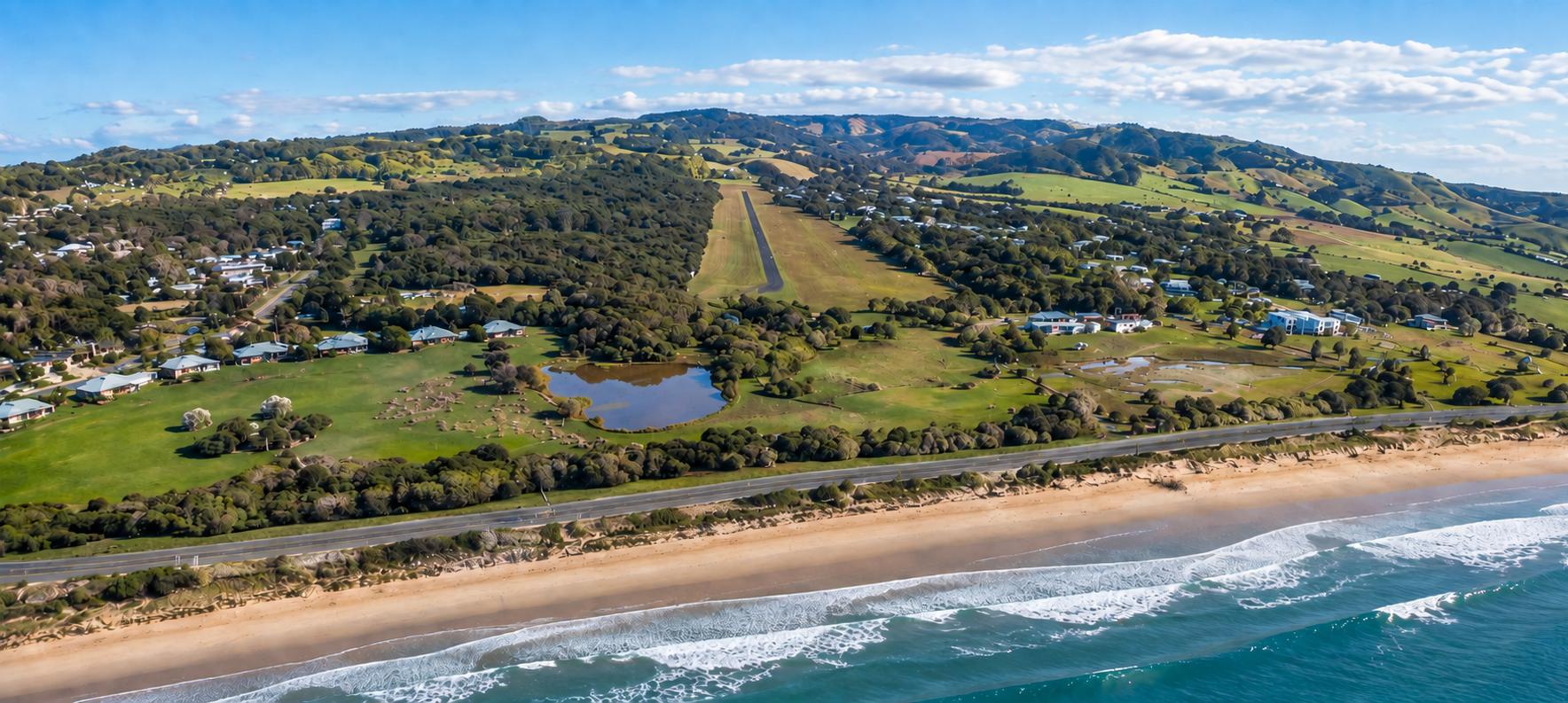 Aerial view of a coastal landscape with a beach, shoreline, ocean waves, a road, a green park with a pond, and scattered houses and trees in a hilly area.