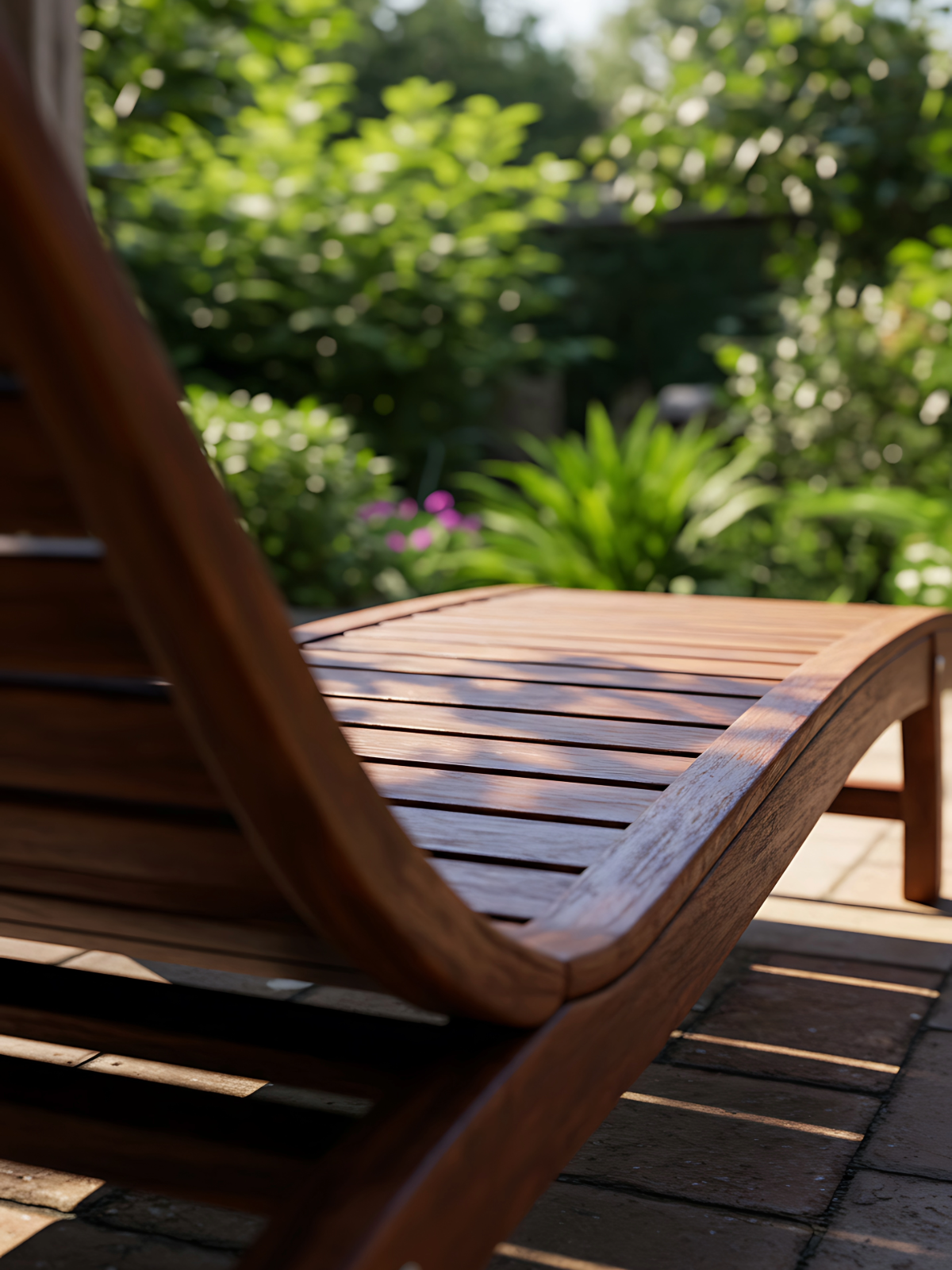 Custom handcrafted bench for reading and relaxing in the sun, finished with a handpicked wood stain for a Chicago backyard.