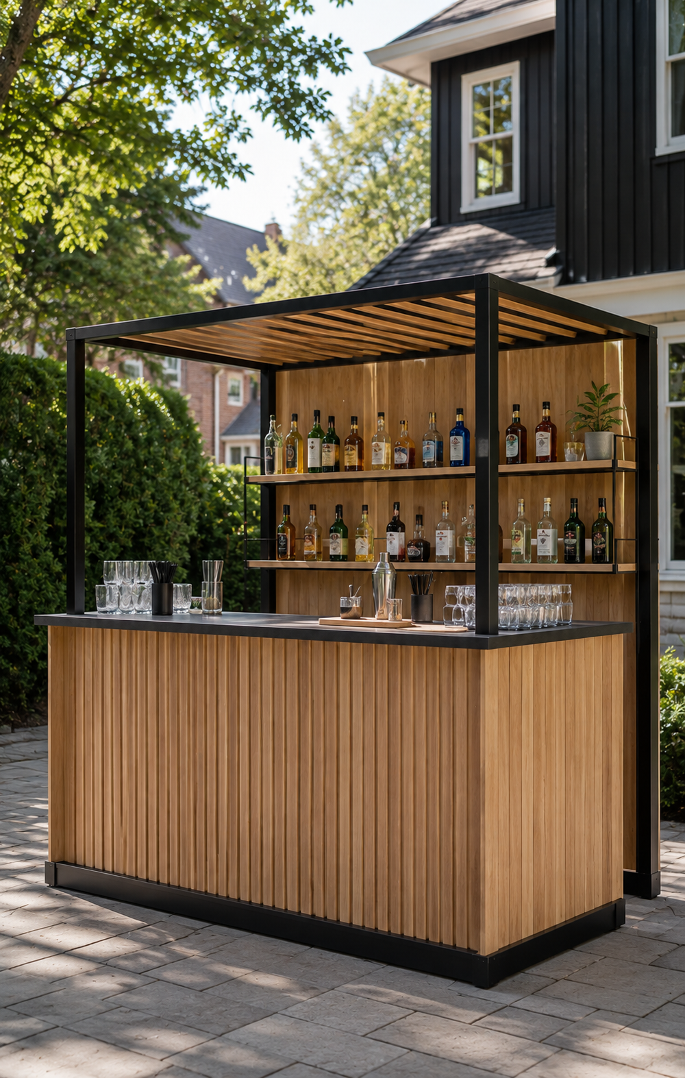 Custom portable bar structure designed for birthday parties, fundraisers, corporate events, company celebrations, and special events.