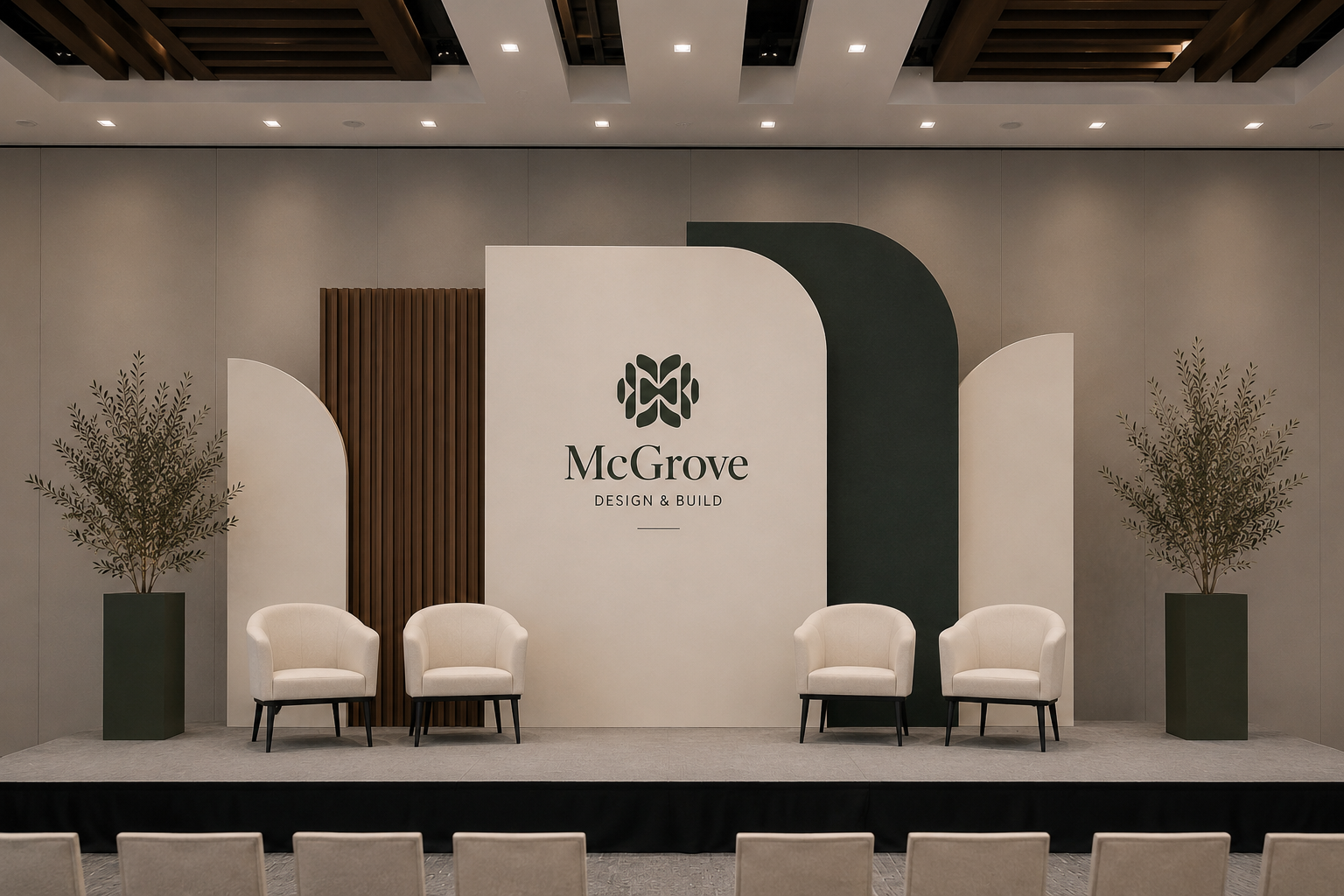 Custom corporate event display featuring dimensional logos, custom lettering, branded panels, and handcrafted structures for product launches, startup events, corporate parties, and fundraisers.