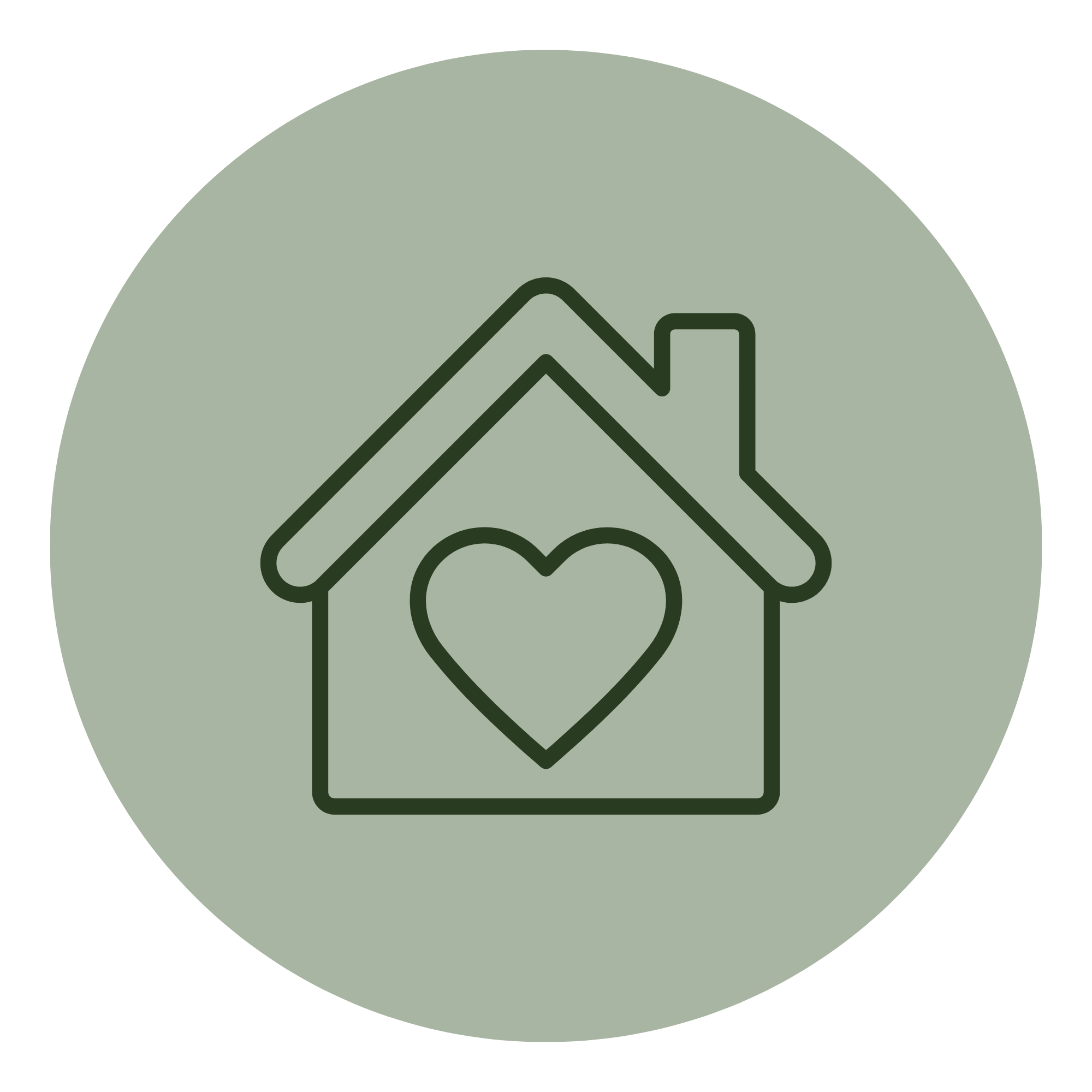 Minimalist icon with mountain, house, and tree outlines inside a circle.