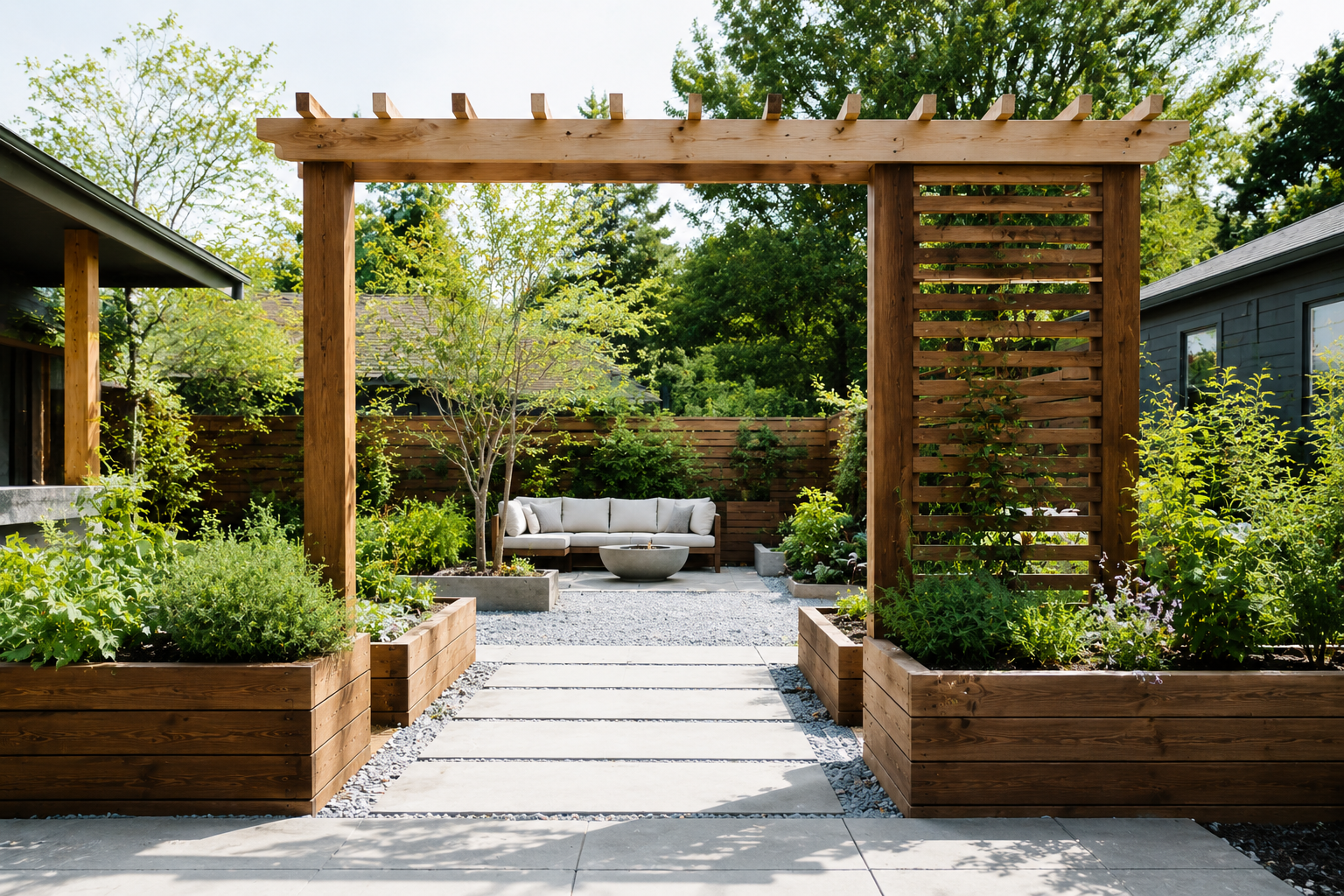 Custom cedar garden featuring raised garden beds, a wood privacy fence, a cedar arbor entrance, and wooden trellises for vertical gardening.