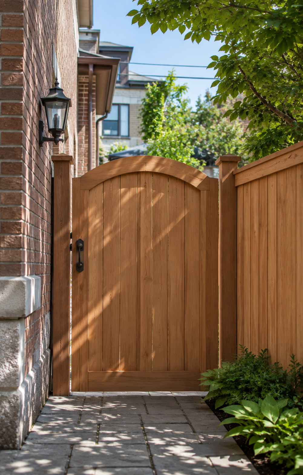 Custom wood gate and privacy fence with a tailored painted finish, built for the side entrance of a home in the Chicagoland area.