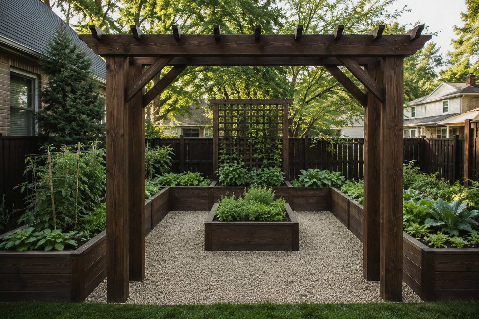 Custom backyard garden featuring cedar raised garden beds with decorative trim, a custom trellis for vertical gardening, and a centered cedar arbor in the Chicagoland area.