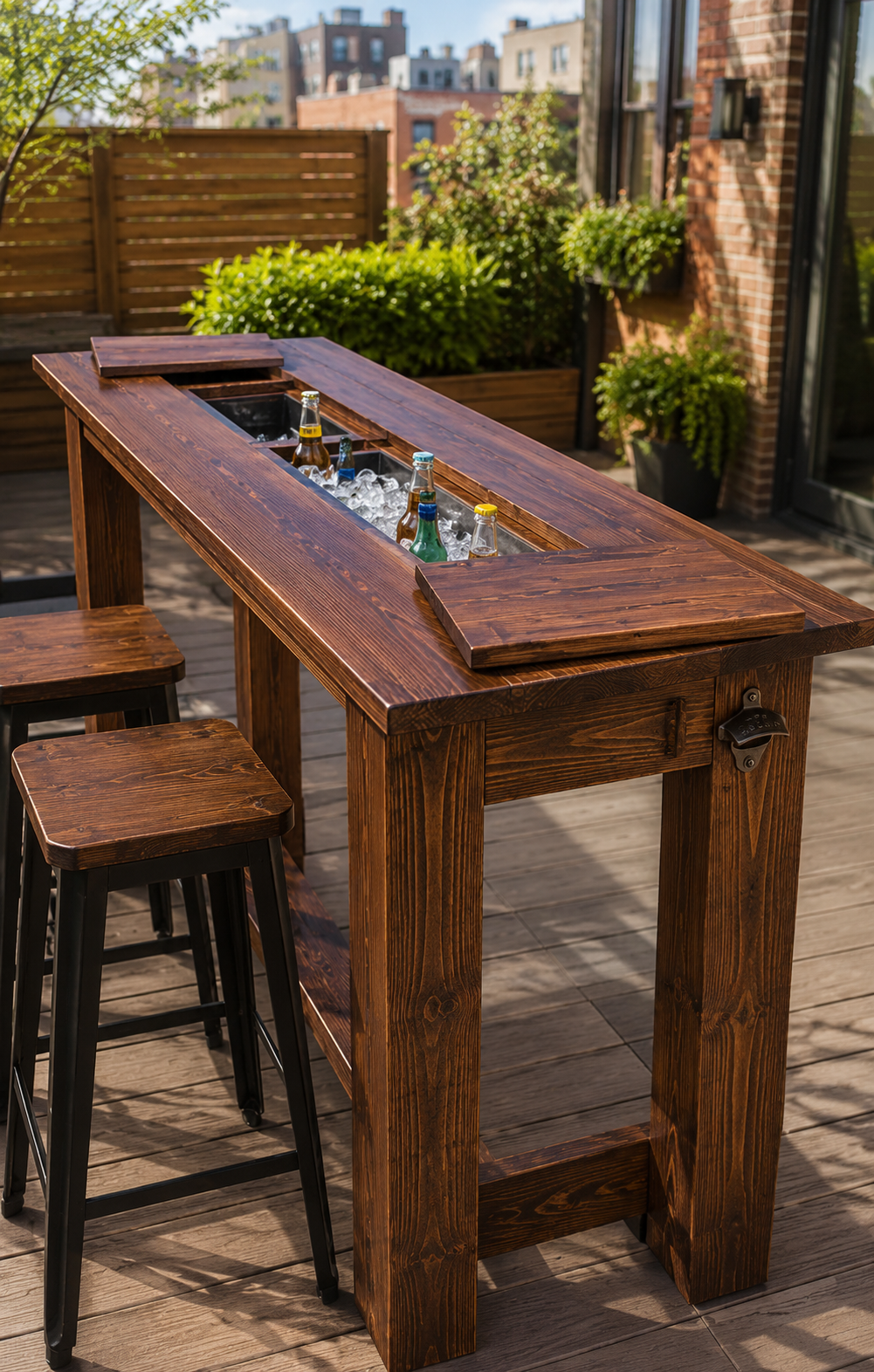 Custom wood rooftop table with a built-in cooler, ice chest, bottle opener, matching bar stools, privacy screen, and raised garden beds on a Lincoln Park rooftop deck in Chicago.