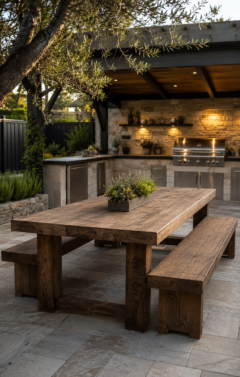 Custom handcrafted outdoor table and matching benches with a handpicked wood stain, built for a backyard in the Chicagoland area.