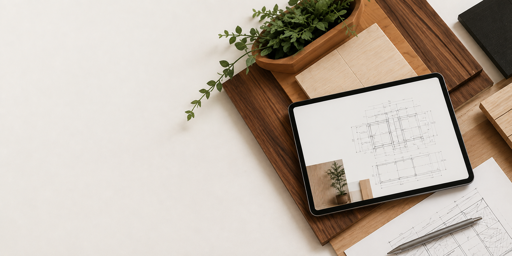 A workspace with a tablet displaying architectural drawings, wooden boards, a pen, a sketchpad, and a potted plant on a desk.