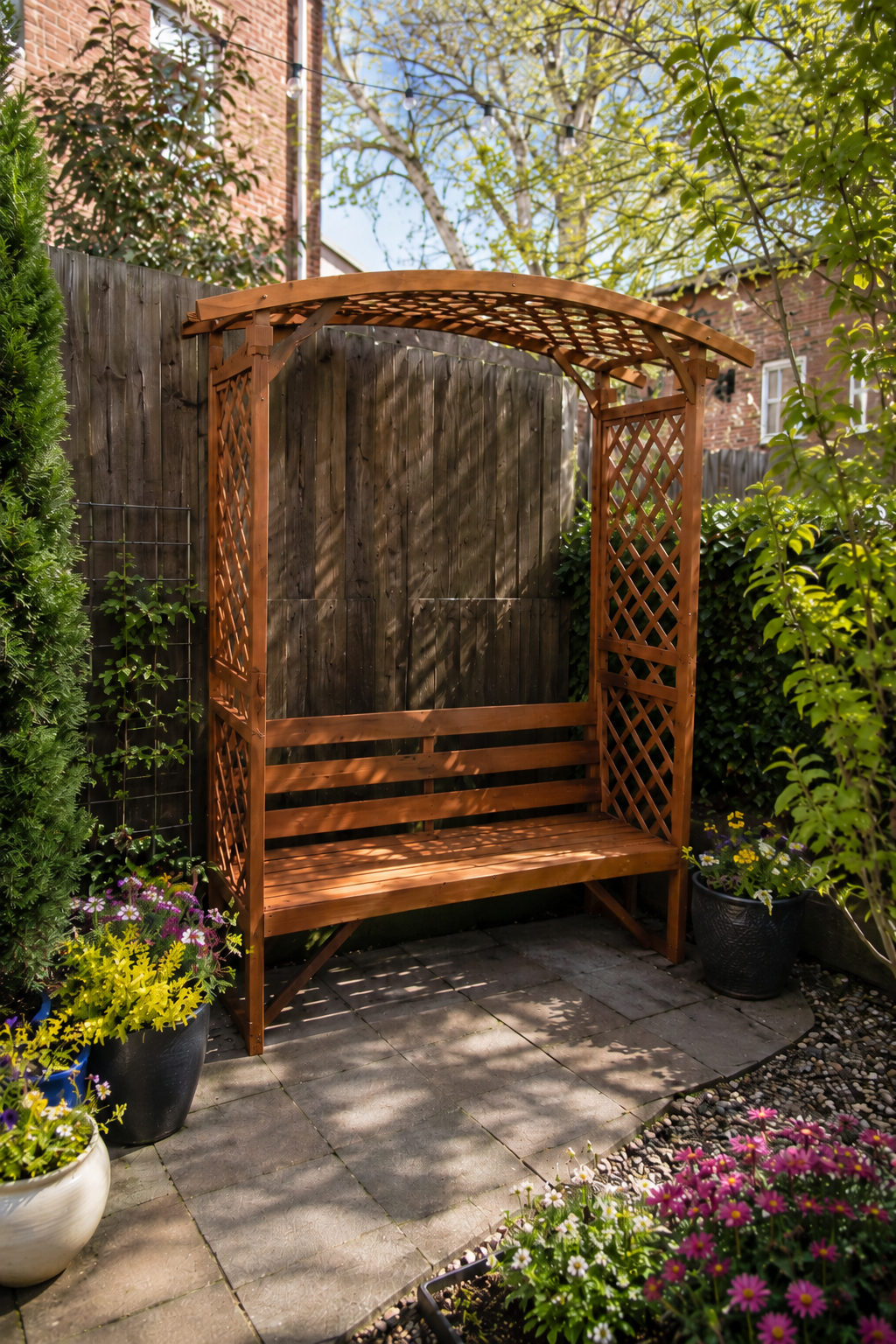 Custom cedar arbor with a built-in seating area and handpicked wood stain, designed for a residential backyard in Chicago.
