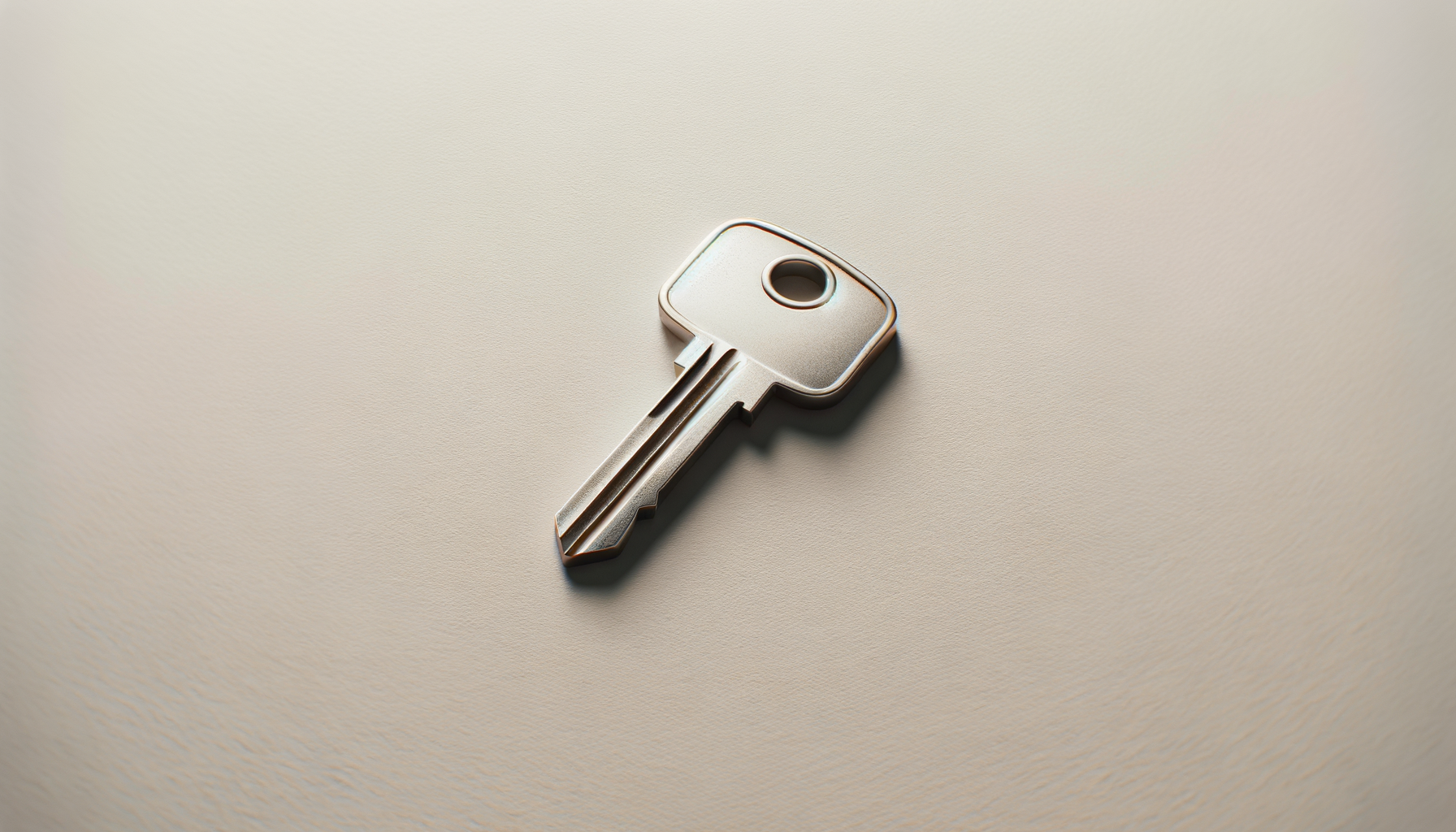 A single silver house key lying on a beige surface.