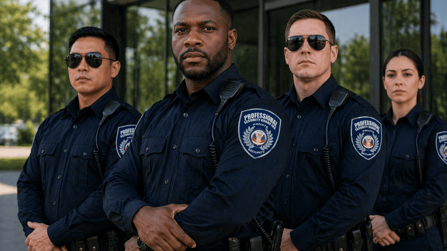 Four police officers in dark uniforms standing outdoors in front of a glass building with trees behind them.