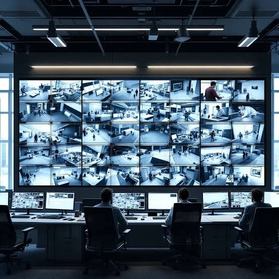 A control room with multiple security monitors showing various surveillance camera feeds, with three people monitoring the screens.