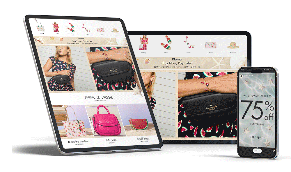 Online shopping website displayed on a tablet and smartphone showing fashion accessories and bags with a discount offer.