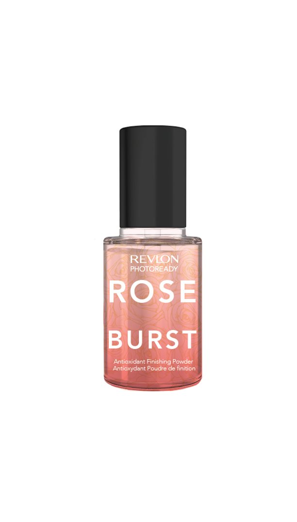 Revlon Photoready Rose Burst antioxidant finishing powder bottle with black cap on a white background.