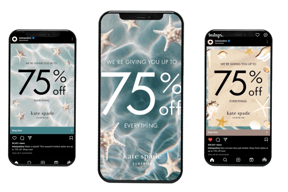 Three smartphones displaying Kate Spade advertisement for up to 75% off, featuring starfish and seashells background, on a digital screen.