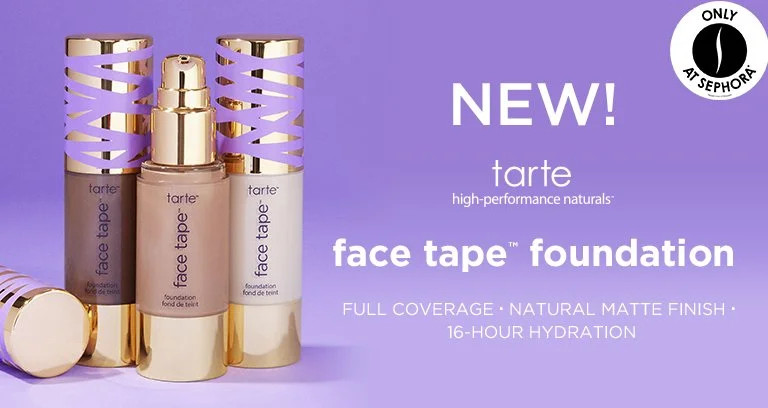 Three bottles of Tarte face tape foundation in shades from light to dark with gold caps, positioned vertically on a purple background, alongside promotional text for the foundation's launch.