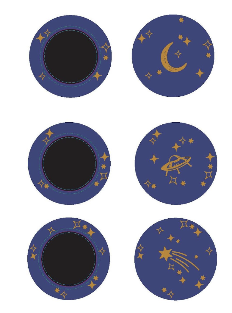 Six circular icons with space-themed designs. The first column has empty black centers with star and sparkle decorations around the edges. The second column has space scenes: a crescent moon and stars, a flying saucer with stars, and a shooting star with stars. All icons have a navy blue background with gold and blue decorative elements.