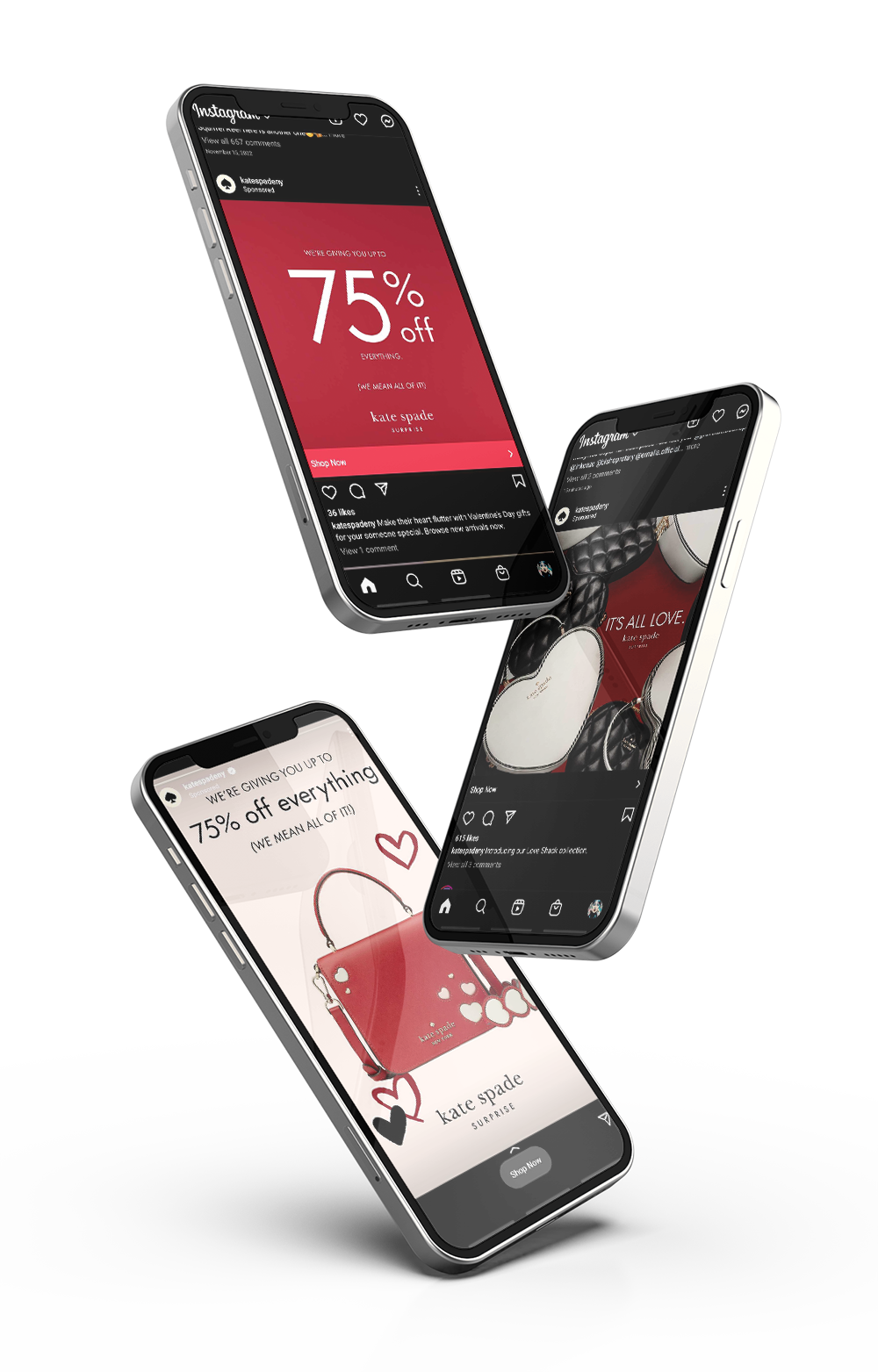 Three smartphones displaying Kate Spade Instagram advertisements about a 75% discount on products, including handbags and accessories.