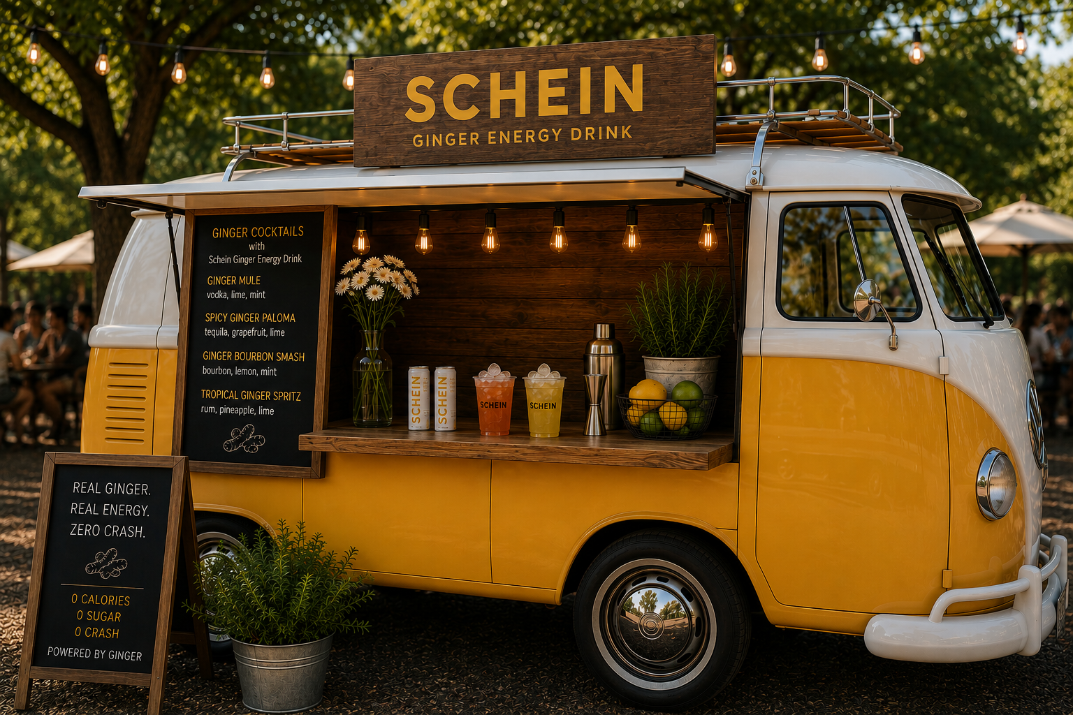 Yellow and white vintage van converted into a mobile beverage stand selling ginger energy drinks and cocktails at an outdoor event, with menu boards, drinks, plants, and string lights.