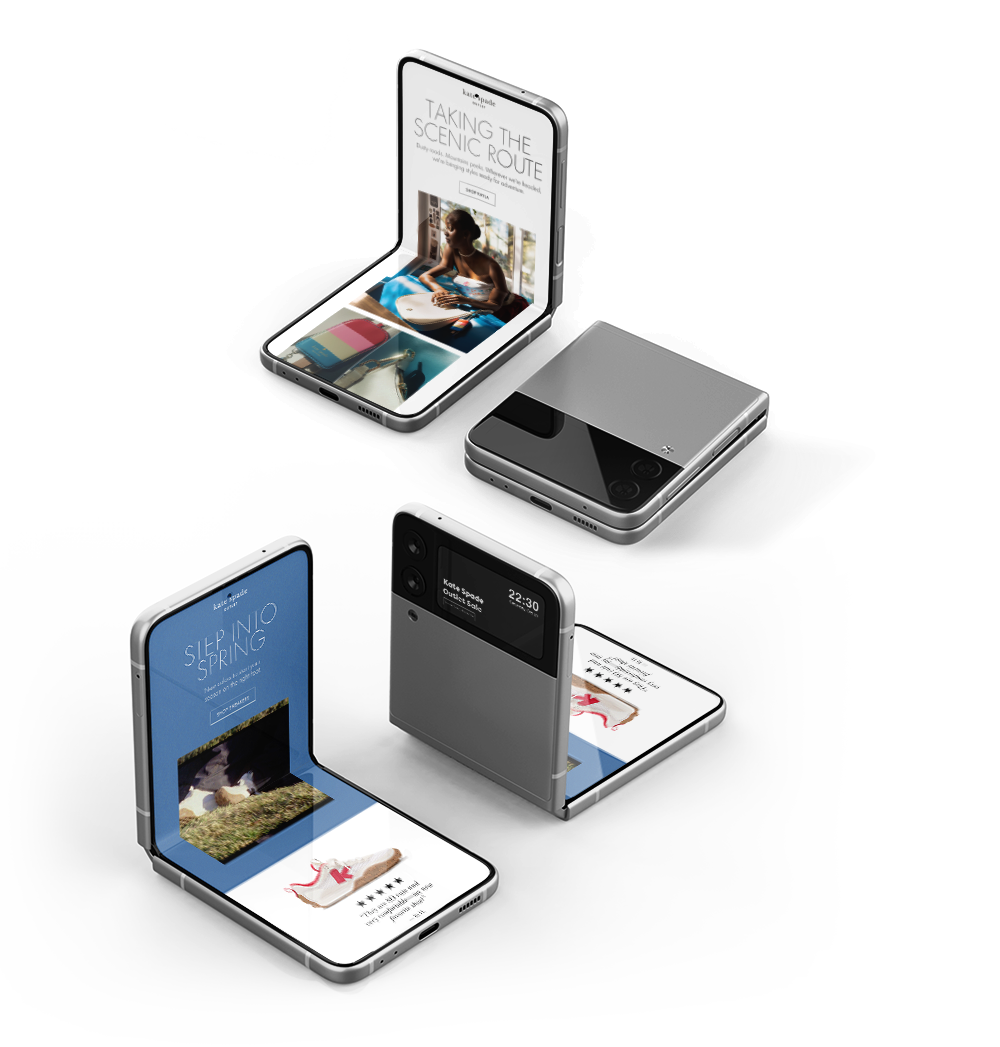 Four foldable smartphones arranged on a white surface, displaying various screens with images and text, some in a partially unfolded state, showcasing their flexible design.