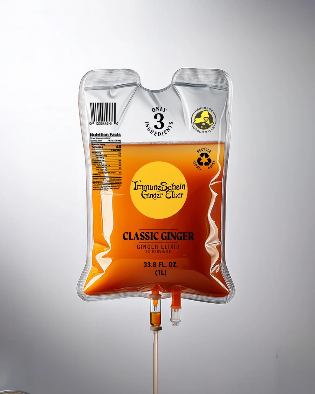 A medical IV bag labeled 'Immuneshein Ginger Elixir' and 'Classic Ginger Ginger Elixir, 33 servings, 1 liter' with orange content and various certifications and instructions.