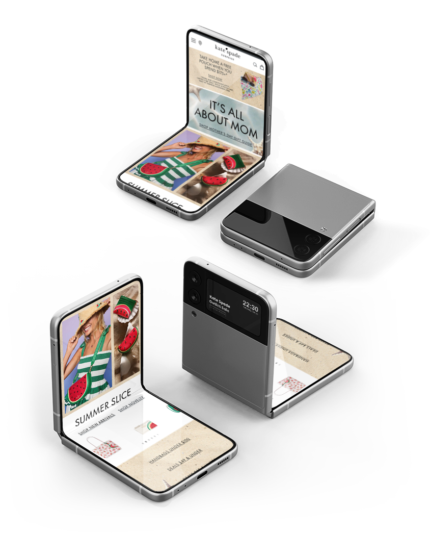 Two foldable smartphones, one open displaying a website with summer-themed images and text, and the other closed, alongside two compact gadgets on a white surface.
