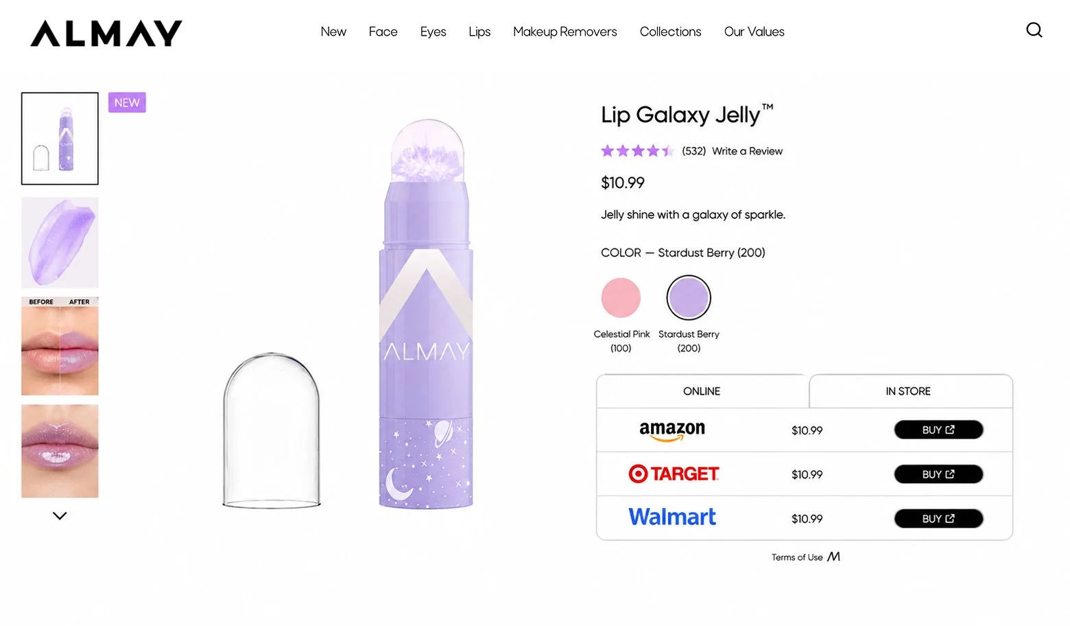 Product page for ALMAY Lip Galaxy Jelly in Stardust Berry color, priced at $10.99, with online and in-store purchase options, showing product image, reviews, and color options.