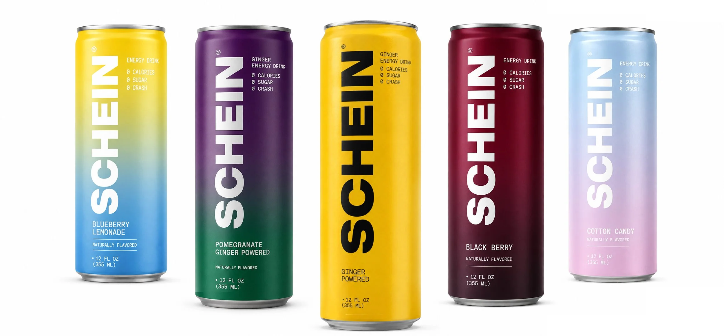 Five colorful cans of Schulz energy drinks in a row, with flavors including blueberry lemonade, pomegranate ginger, ginger, black berry, and cotton candy.