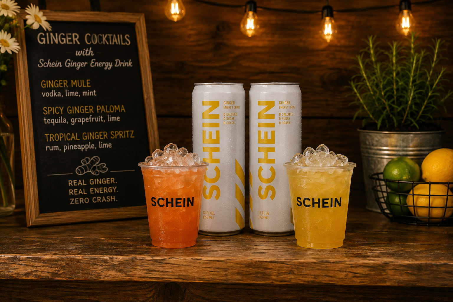Two cans of SCHEIN ginger energy drinks and two cups with crushed ice on a wooden table, with a black chalkboard menu listing ginger cocktail options, and a potted plant along with a basket of lemons and limes in the background.